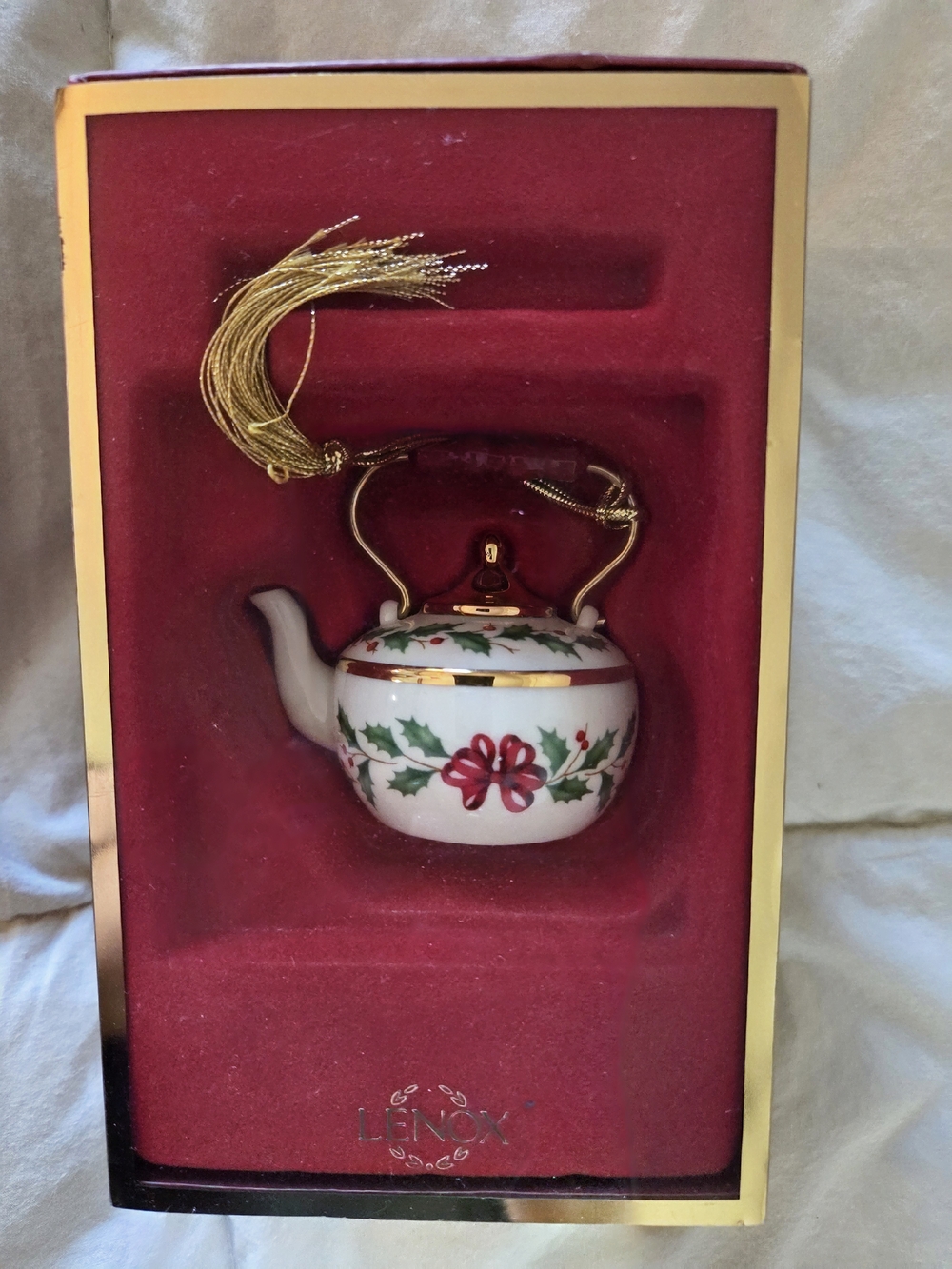 Lenox Holiday Porcelain Tea Kettle Ornament - White w Red & Green Holiday Holly